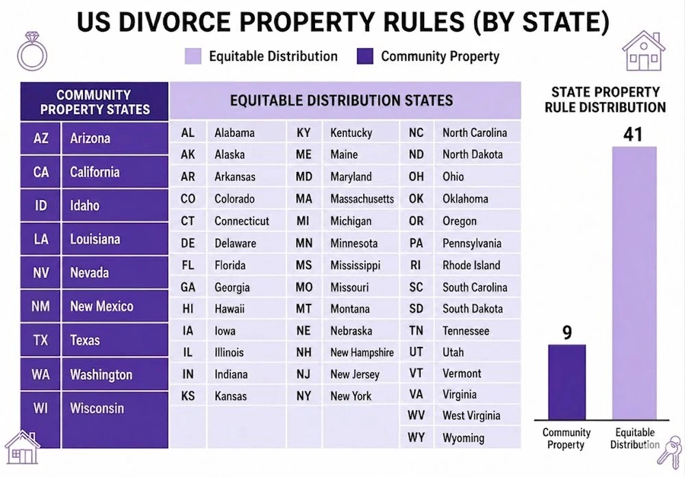 Map of the united states outlining which states are equitable distribution and which are community property. Rhode Island is an equitable distribution state
