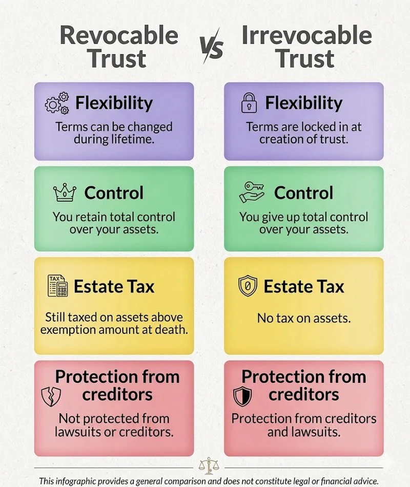 A brief overview of the benefits and disadvantages to revocable and irrevocable trusts outlining trust flexibility, trust control, trust taxes, and trust creditor protection