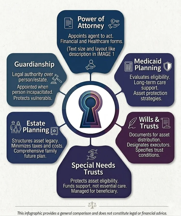 A description of the types of elder law including Rhode Island power of attorney, medicaid planning, wills and trusts in Rhode Island, and estate planning attorneys in Rhode Island